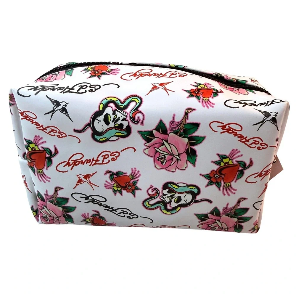 Ed Hardy Cosmetic Bag Womens White Tattoo Print‎ Skull Rose Y2K Travel Bag NWT